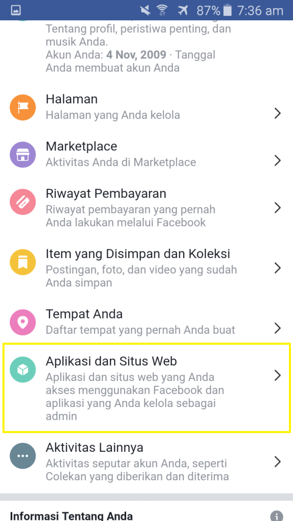 pengaturan akun facebook informasi aplikasi dan web