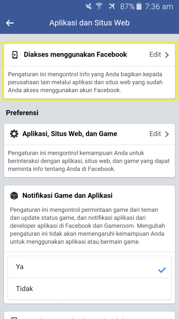 pengaturan akun facebook informasi aplikasi dan web diakses menggunakan facebook