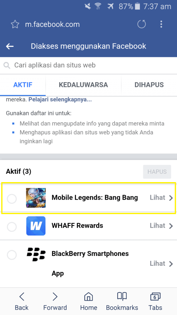 pengaturan akun facebook informasi aplikasi dan web diakses menggunakan facebook hapus mobile legend bang bang
