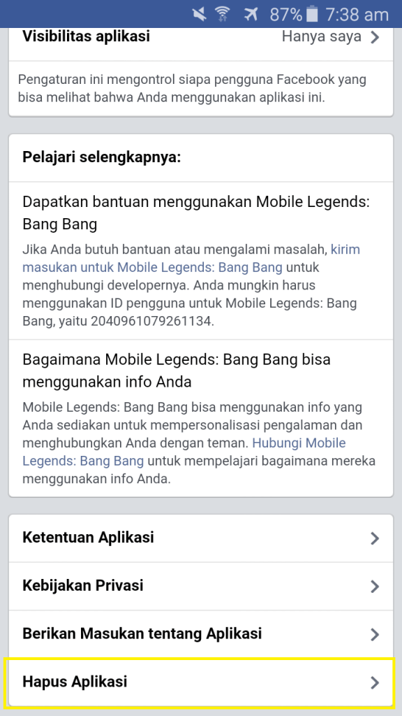 pengaturan akun facebook informasi aplikasi dan web diakses menggunakan facebook hapus mobile legend bang bang