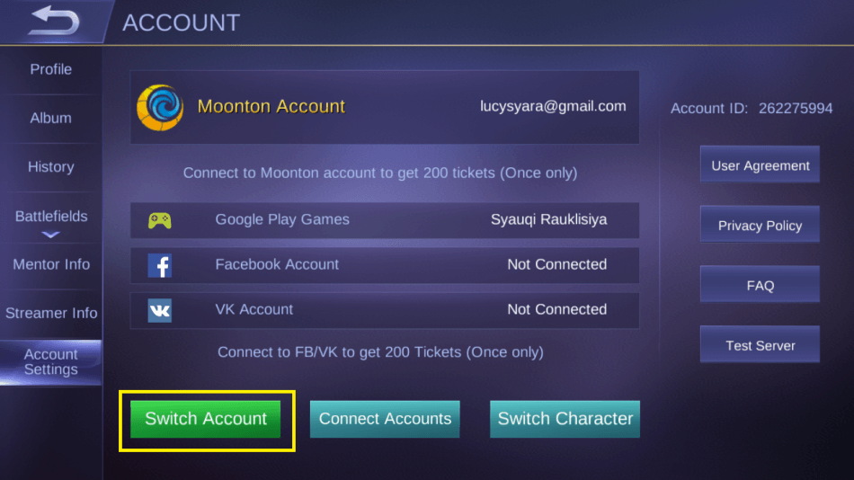 cara mengganti akun mobile legend, profile
