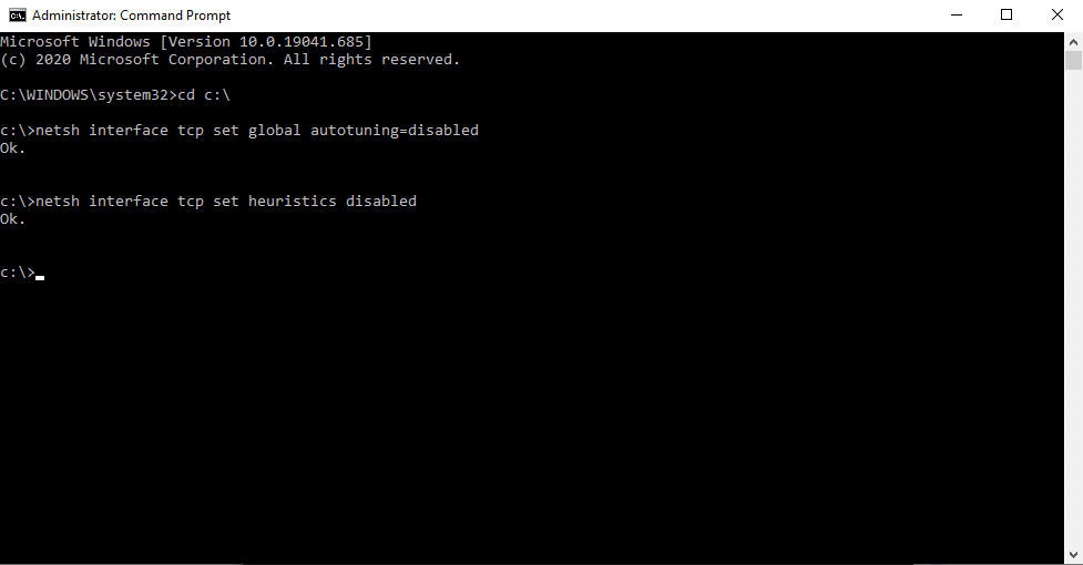 cara mempercepat koneksi internet menggunakan cmd dengan mengetik netsh interface tcp set heuristics disabled