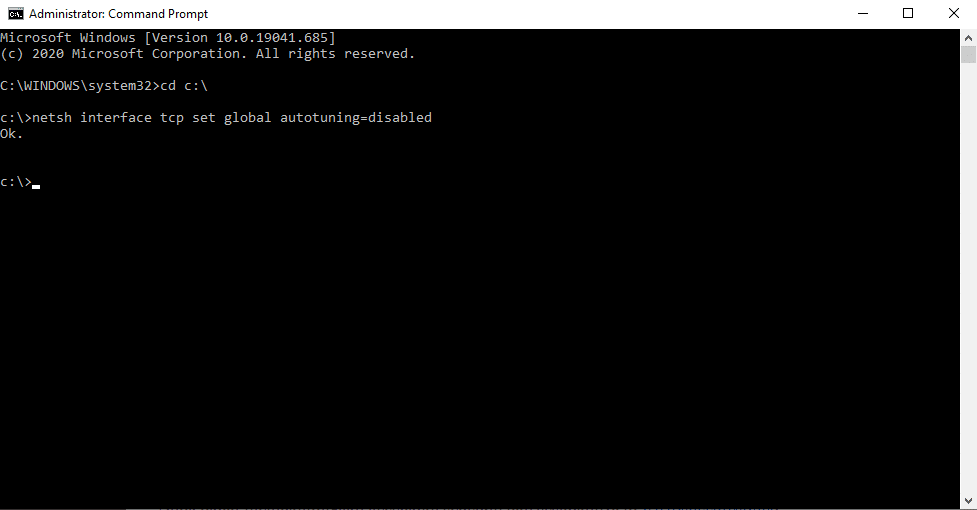 cara mempercepat koneksi internet menggunakan cmd dengan mengetik netsh interface tcp set global autotuning=disable lalu enter