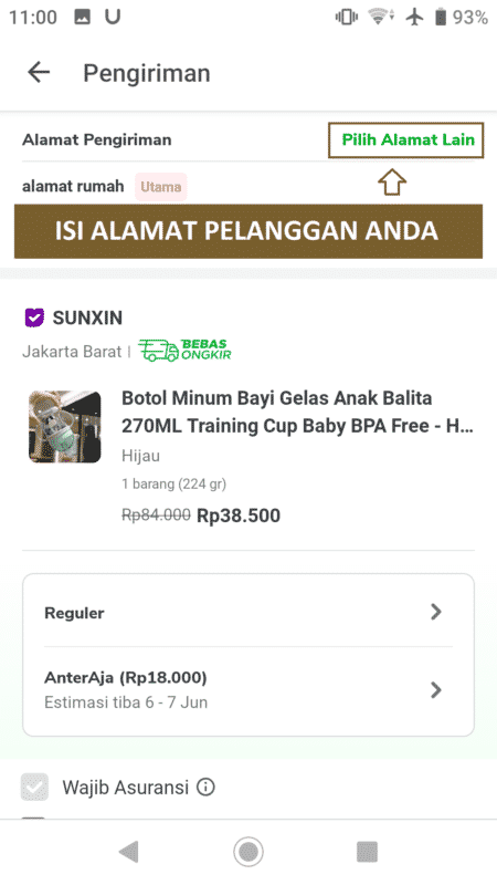 cara dropship di tokopedia, halaman checkout (beli) tokped, isi alamat tujuan