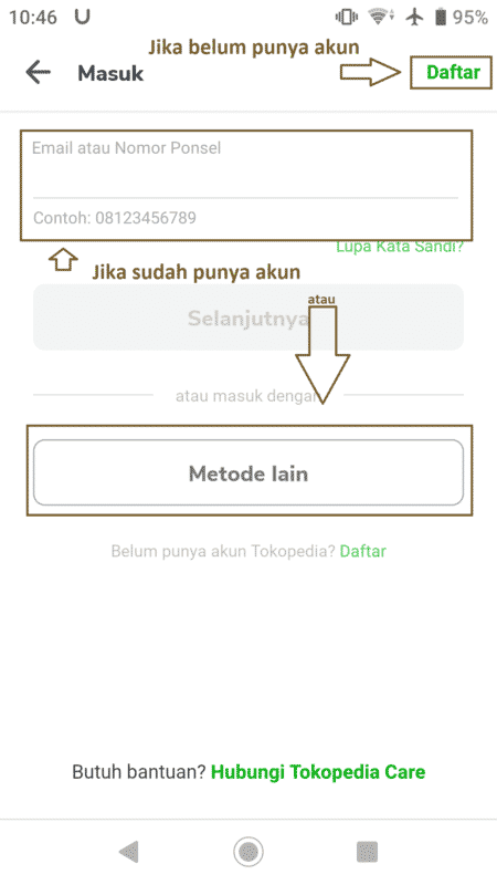 cara dropship di tokopedia, login atau daftar akun tokped