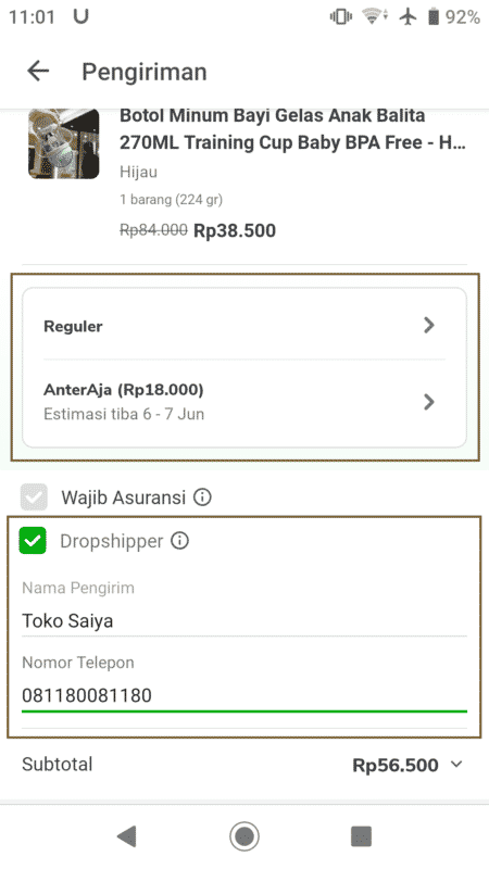 cara mengaktifkan fitur dropship di tokopedia, halaman checkout (beli) tokped