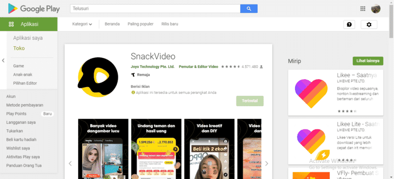 aplikasi android penghasil uang snack video di playstore