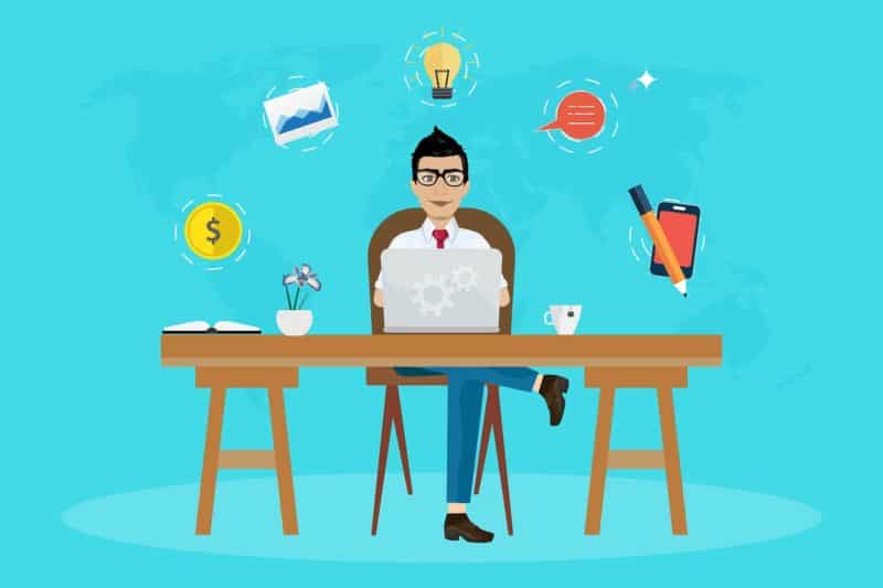 cara mendapatkan uang dari internet, gambar vektor kartun freelancer duduk di belakang meja memakai kacamata dan baju putih dengan latar belakang biru muda