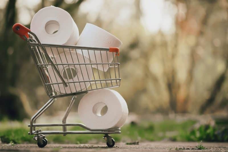 cara belanja di shopee, troli keranjang belanja berisi tisu gulung di taman
